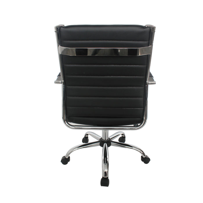 Backside of a black swivel chair against a white background. The standard height square back has channel tufting. A chrome bar adorns the back.