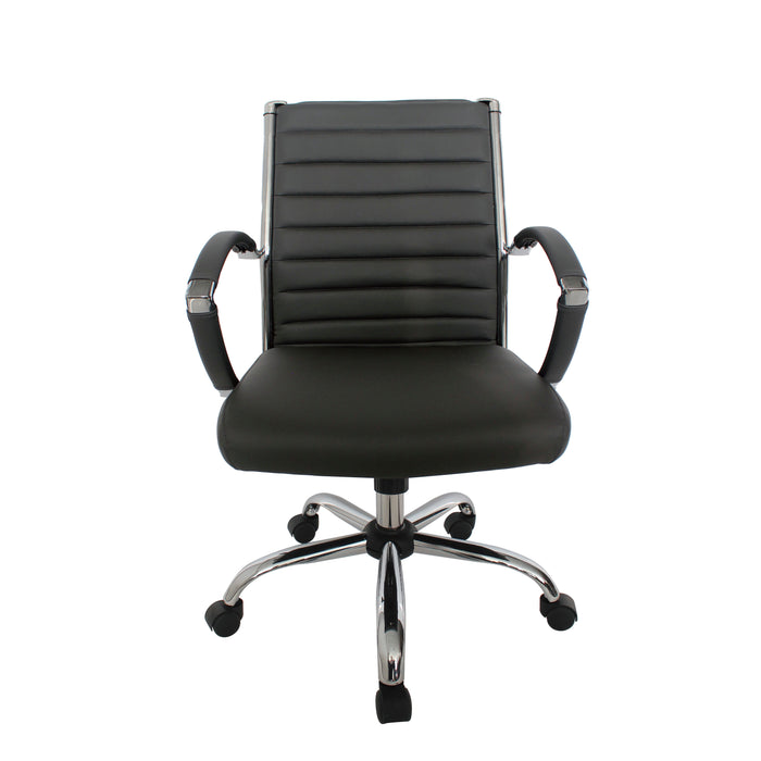 Straight-facing black swivel chair against a white background. The standard height square back has channel tufting.
