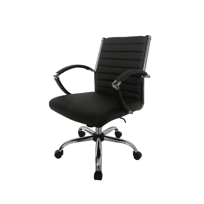 Left-angled black swivel chair against a white background. The standard height square back has channel tufting.