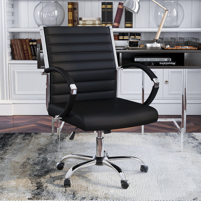 Right-angled black swivel chair in a chic home office. The standard height square back has channel tufting.
