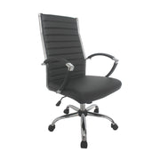 Right-angled grey swivel chair against a white background. The high square back has channel tufting.