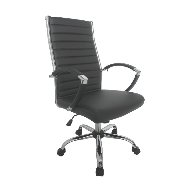Right-angled grey swivel chair against a white background. The high square back has channel tufting.