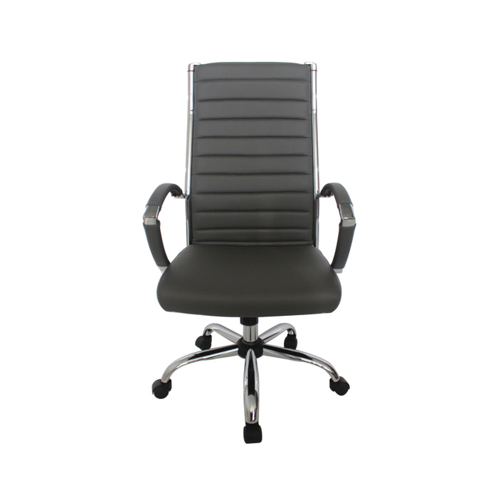 Straight-facing grey swivel chair against a white background. The high square back has channel tufting.