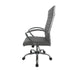Left-facing grey swivel chair against a white background. The high square back has channel tufting.