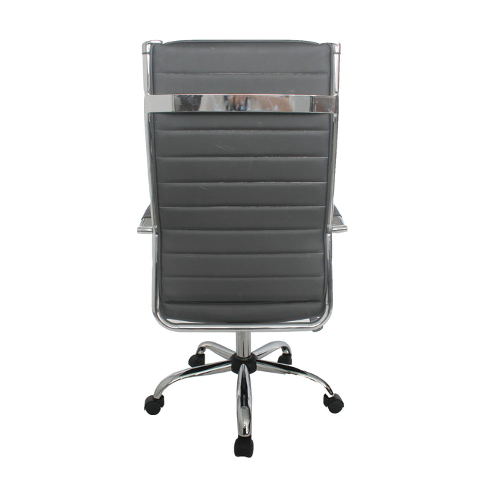 Backside of a grey swivel chair against a white background. The high square back has channel tufting. A chrome bar adorns the back.