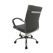 Left-angled backside of a grey swivel chair against a white background. The standard height square back has channel tufting. A chrome bar adorns the back.