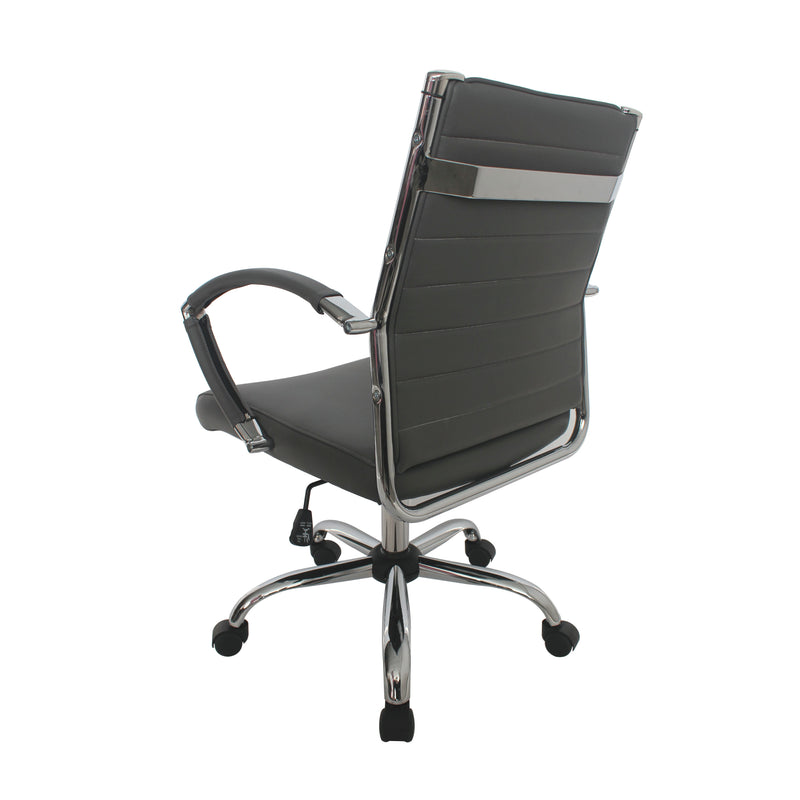 Left-angled backside of a grey swivel chair against a white background. The standard height square back has channel tufting. A chrome bar adorns the back.
