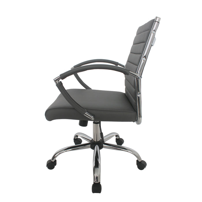 Left-facing grey swivel chair against a white background. The standard height square back has channel tufting.