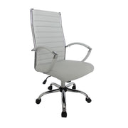 Right-angled white swivel chair against a white background. The high square back has channel tufting. A chrome bar adorns the back.