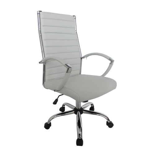 Right-angled white swivel chair against a white background. The high square back has channel tufting. A chrome bar adorns the back.