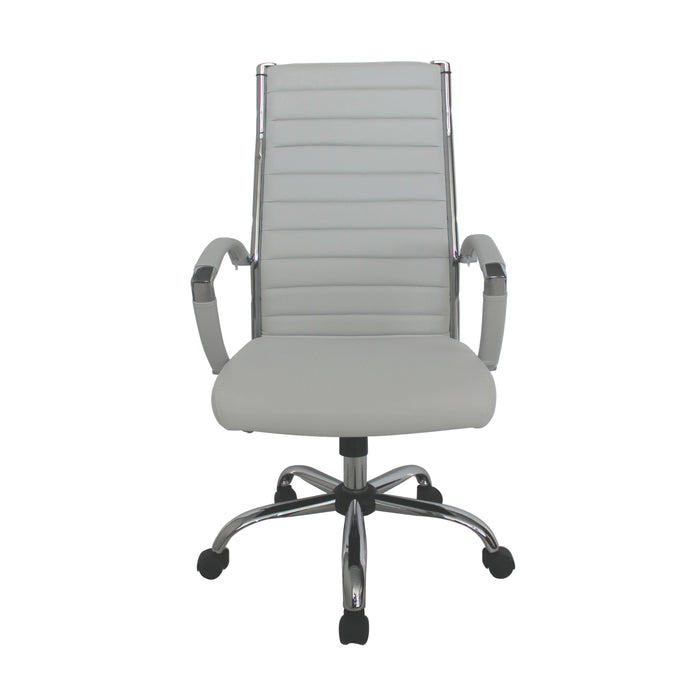 Straight-facing white swivel chair against a white background. The high square back has channel tufting. A chrome bar adorns the back.
