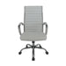Straight-facing white swivel chair against a white background. The high square back has channel tufting. A chrome bar adorns the back.