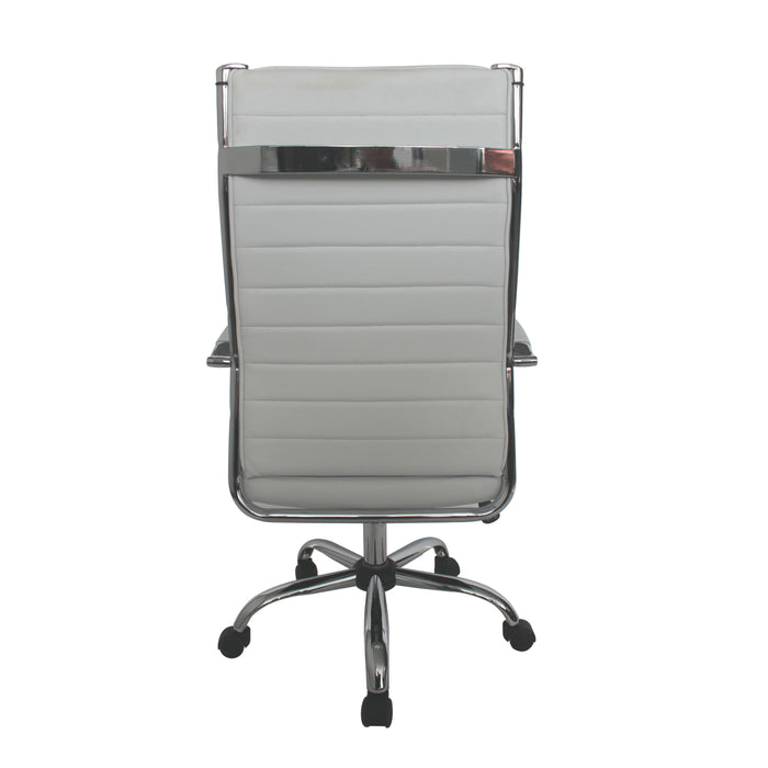 Backside of a white swivel chair against a white background. The high square back has channel tufting. A chrome bar adorns the back.