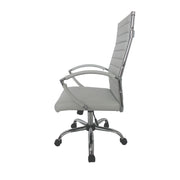 Right-angled white swivel chair against a white background. The high square back has channel tufting. A chrome bar adorns the back.