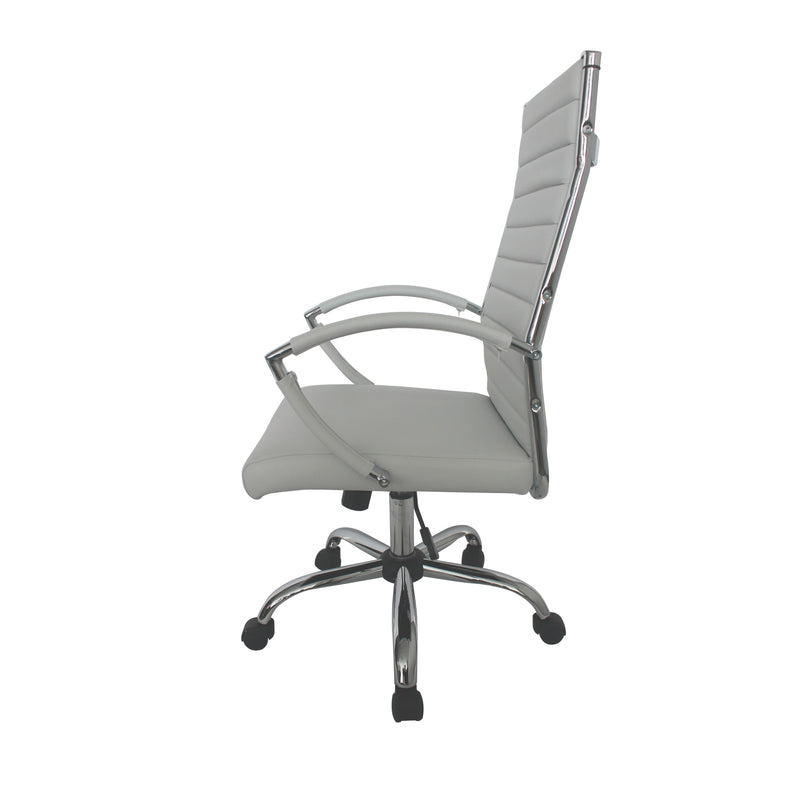 Right-angled white swivel chair against a white background. The high square back has channel tufting. A chrome bar adorns the back.