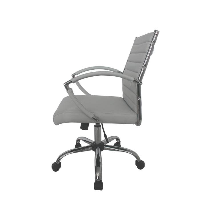 Left-facing white swivel chair against a white background. The standard height square back has channel tufting.