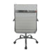 Backside of a white swivel chair against a white background. The standard height square back has channel tufting. A chrome bar adorns the back.