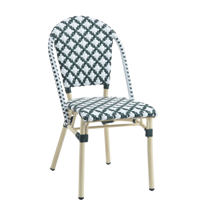 Right-angled green patterned wicker bistro chair against a white background. The Aluminum frame has a natural tone finish.