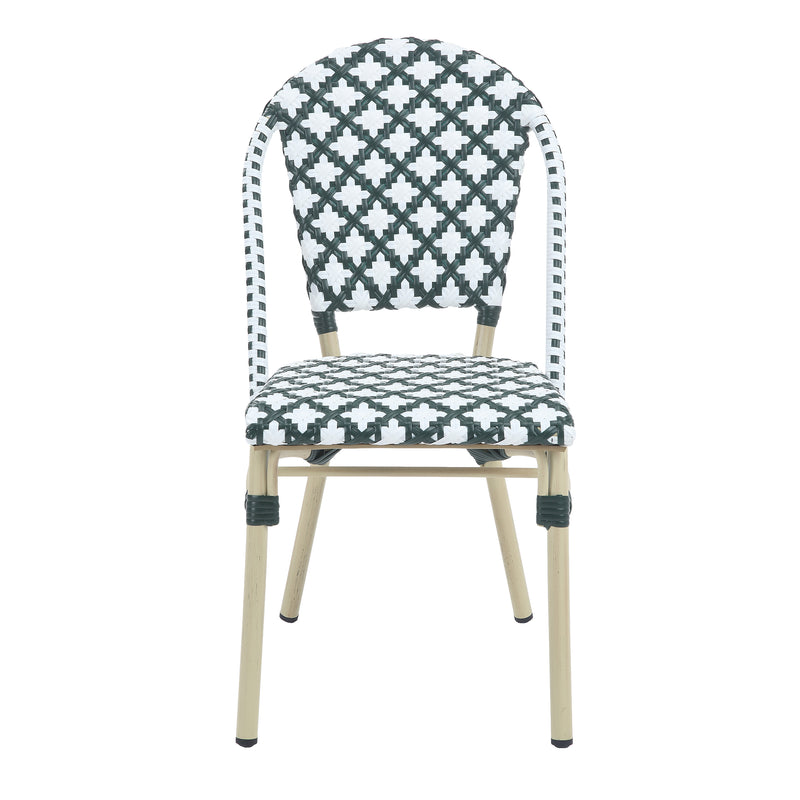 Front-facing green patterned wicker bistro chair against a white background. The Aluminum frame has a natural tone finish.