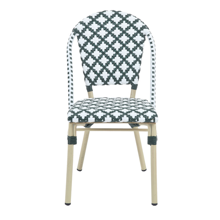 Front-facing green patterned wicker bistro chair against a white background. The Aluminum frame has a natural tone finish.
