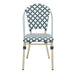 Front-facing green patterned wicker bistro chair against a white background. The Aluminum frame has a natural tone finish.