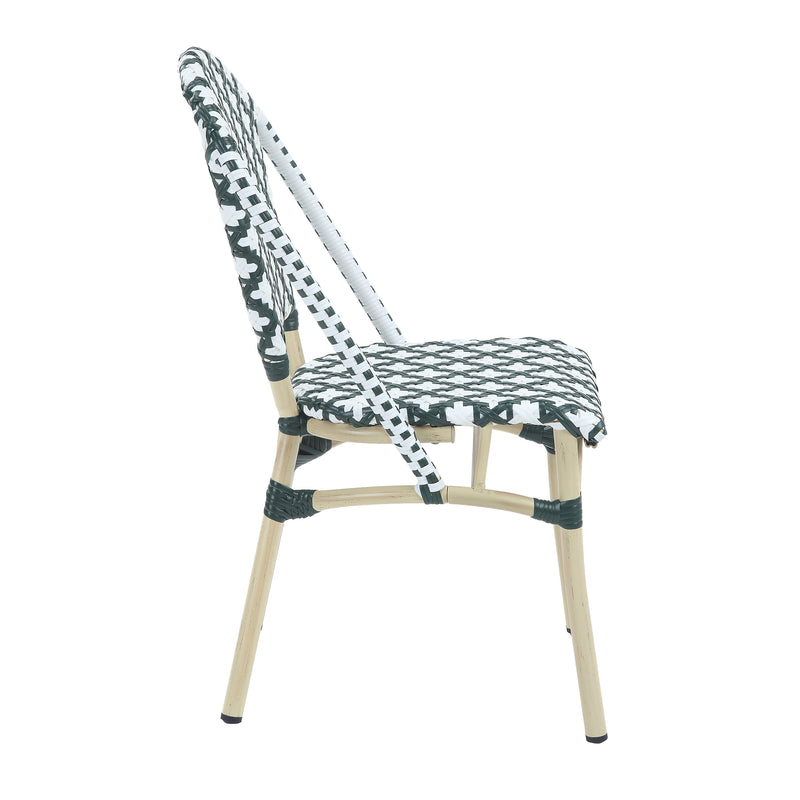 Right-facing green patterned wicker bistro chair against a white background. The Aluminum frame has a natural tone finish.