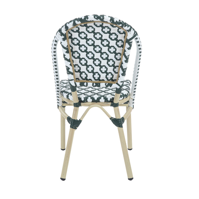 Backside of a green patterned wicker bistro chair against a white background. The Aluminum frame has a natural tone finish.