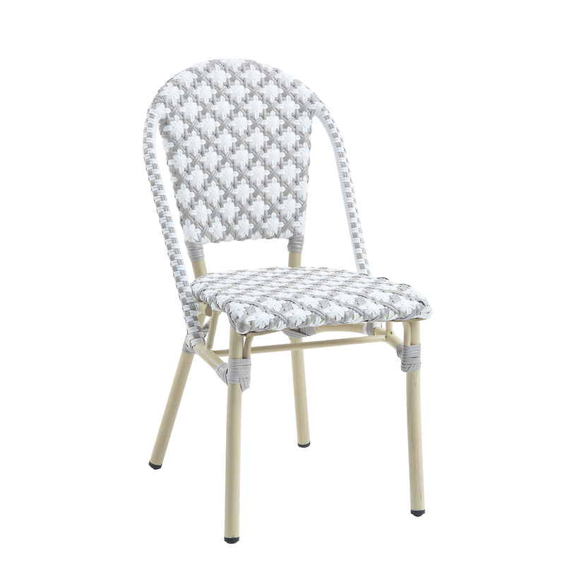 Right-angled grey and white octofoil pattern bistro chair against a white background. The seat edge is curved.