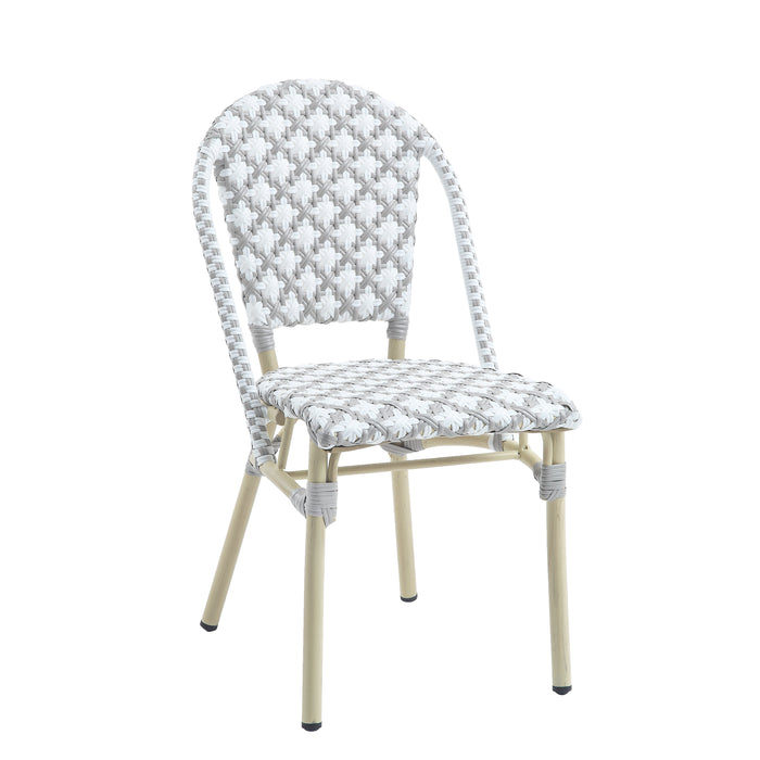 Right-angled grey and white octofoil pattern bistro chair against a white background. The seat edge is curved.