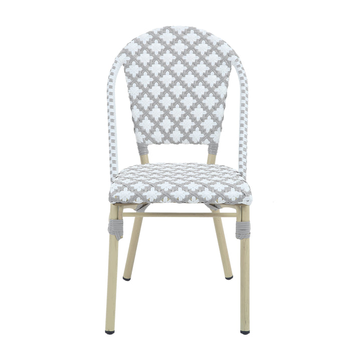Front-facing grey and white octofoil pattern bistro chair against a white background. The seat edge is curved.