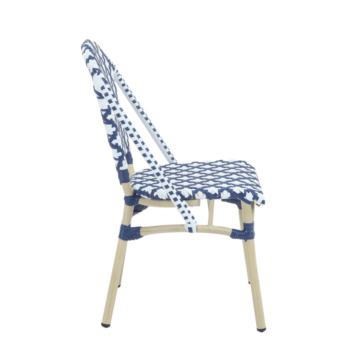 Right-facing navy and white octofoil pattern bistro chair against a white background. The seat edge is curved.