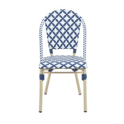 Front-facing navy and white octofoil pattern bistro chair against a white background. The seat edge is curved.