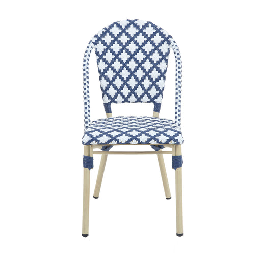 Front-facing navy and white octofoil pattern bistro chair against a white background. The seat edge is curved.
