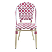 Front-facing pink patterned wicker bistro chair against a white background. The Aluminum frame has a natural tone finish.