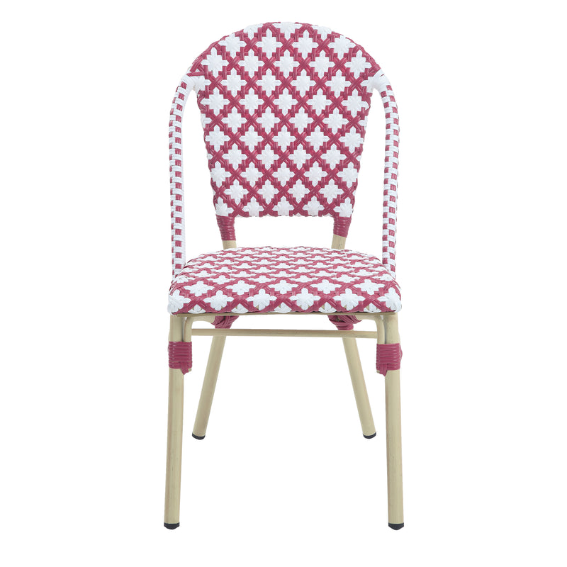 Front-facing pink patterned wicker bistro chair against a white background. The Aluminum frame has a natural tone finish.
