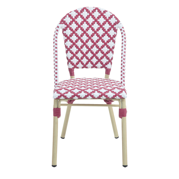 Front-facing pink patterned wicker bistro chair against a white background. The Aluminum frame has a natural tone finish.