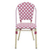 Front-facing pink patterned wicker bistro chair against a white background. The Aluminum frame has a natural tone finish.