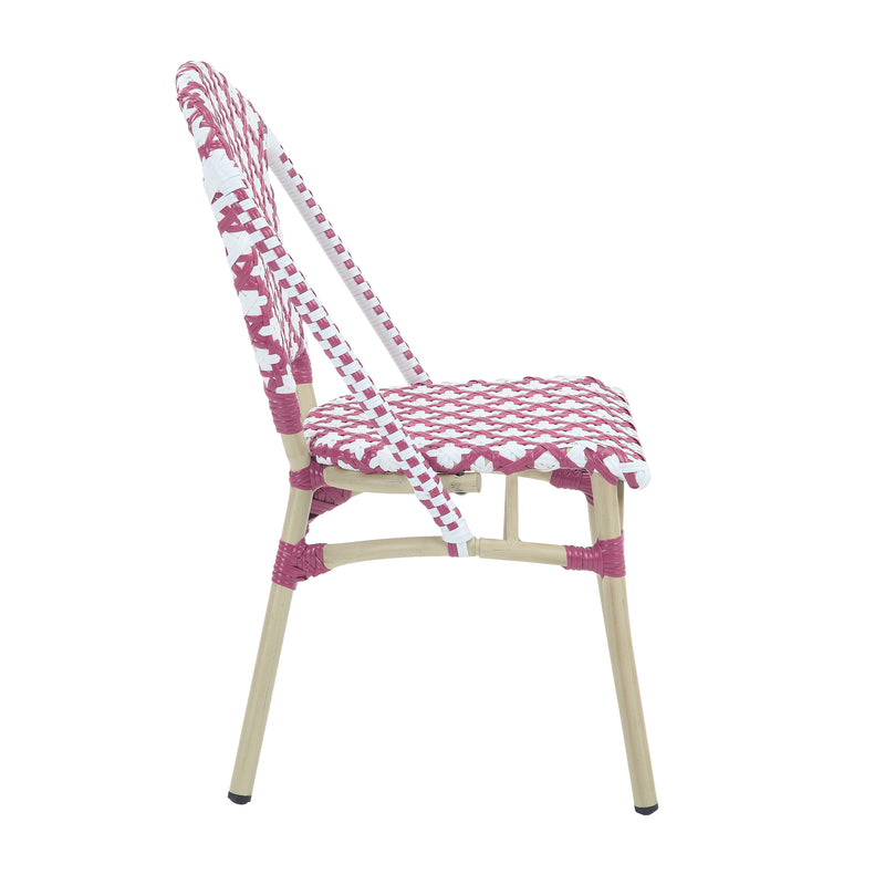 Right-facing pink patterned wicker bistro chair against a white background. The Aluminum frame has a natural tone finish.