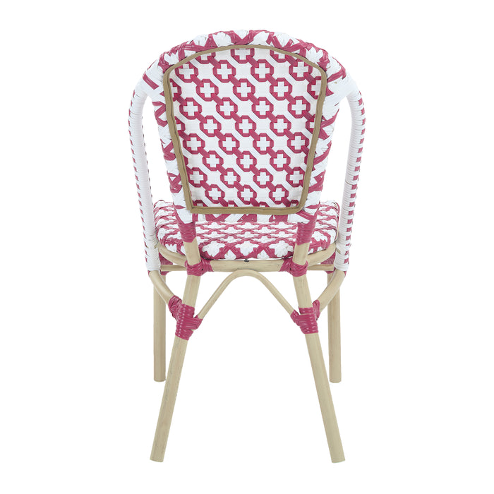 Backside of a pink patterned wicker bistro chair against a white background. The Aluminum frame has a natural tone finish.