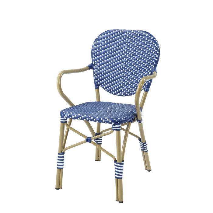 Left-angled blue patio bistro armchair against a white background.