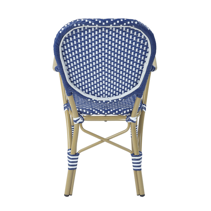 Backside of a blue patio bistro armchair against a white background.