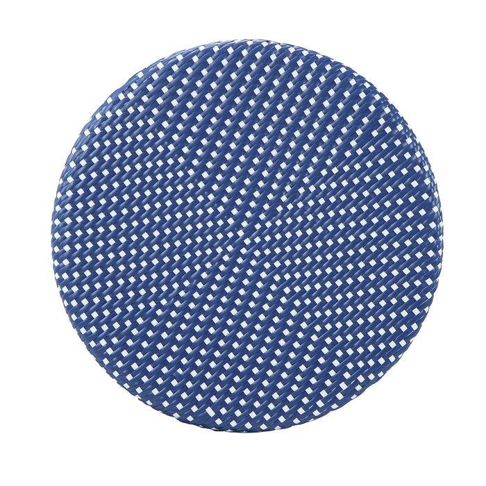 Top view of a blue wicker round patio bistro table against a white background.