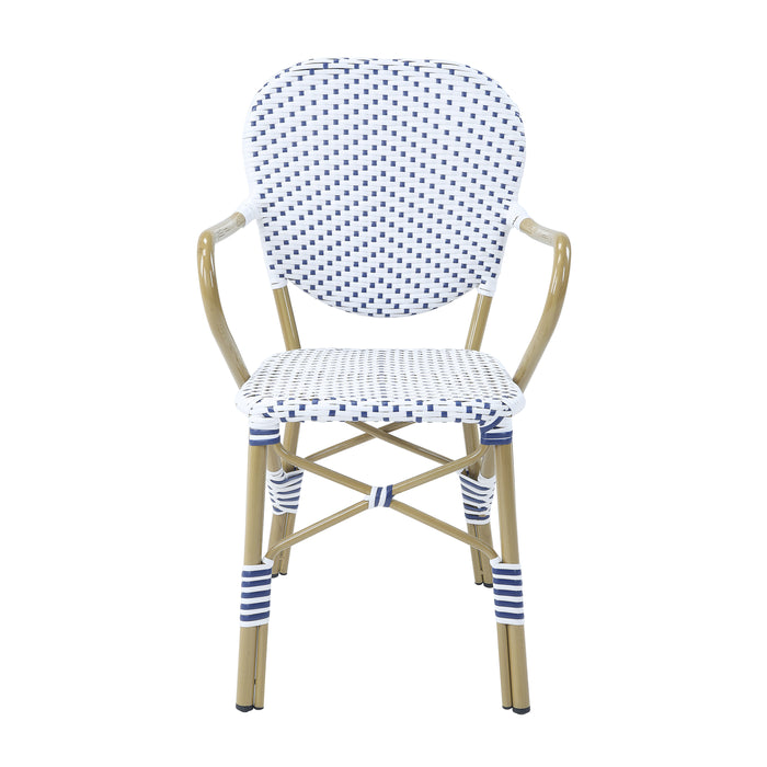 Front-facing white patio bistro armchair against a white background.