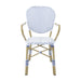 Front-facing white patio bistro armchair against a white background.