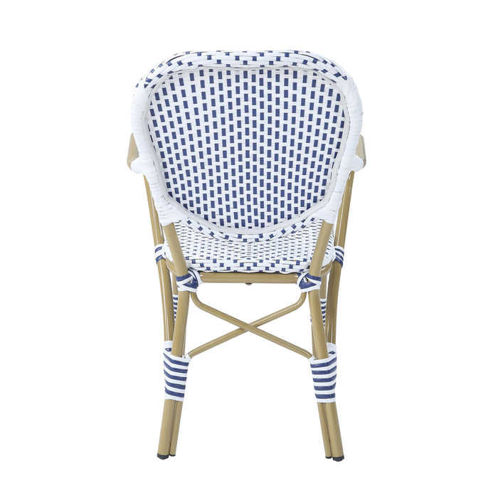 Backside of a white patio bistro armchair against a white background.