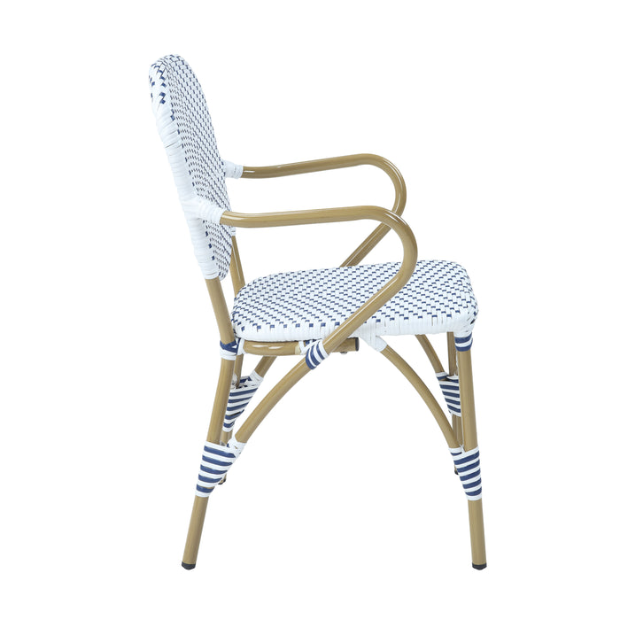 Right-facing white patio bistro armchair against a white background.