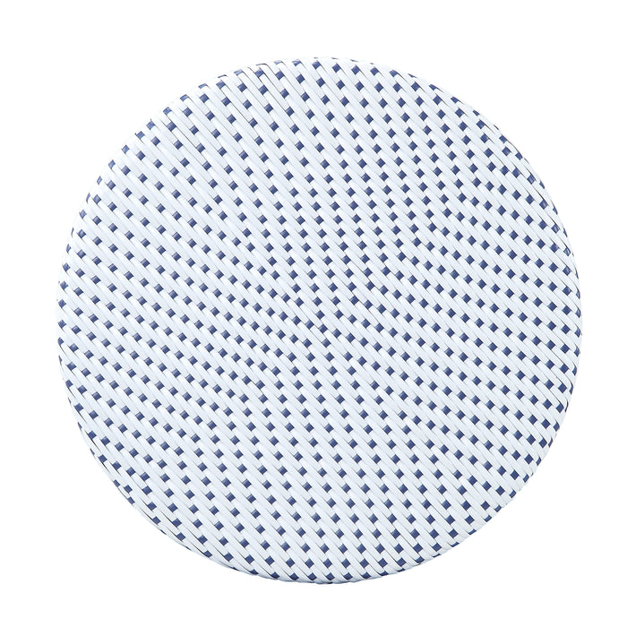 Top view of a white wicker round patio bistro table against a white background.