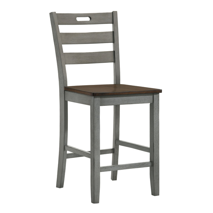Light grey ladderback counter height chair against a white background.