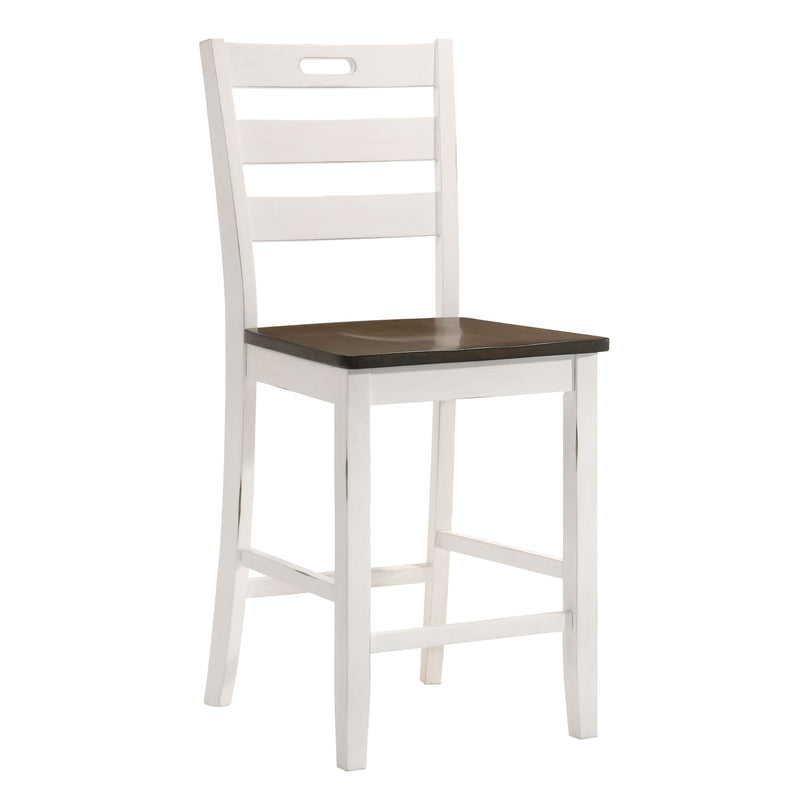 Sea white ladderback counter height chair against a white background.