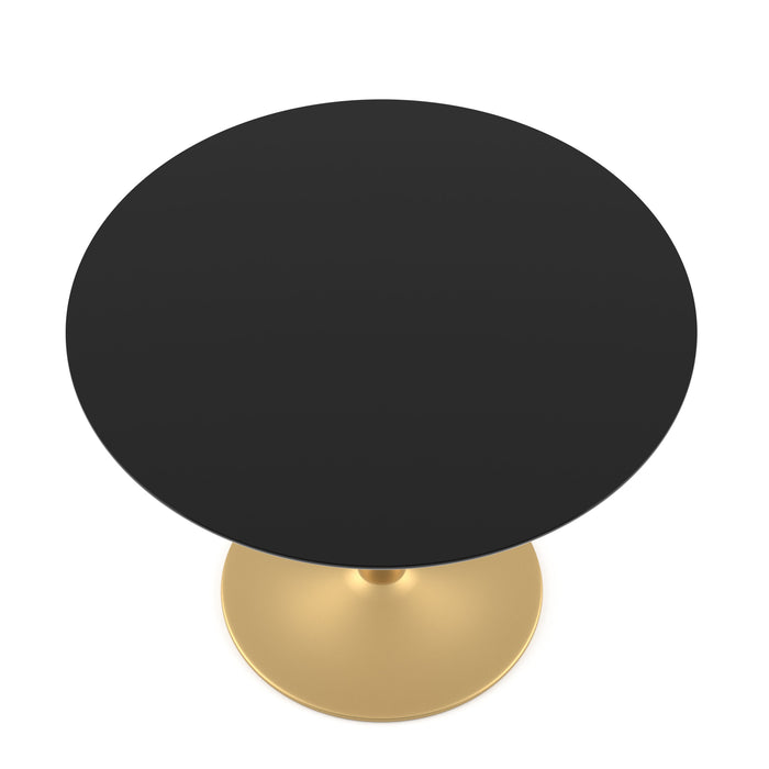 Top view of a gloss black round dining table on a gold disk base against a white background.